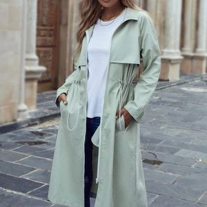 Drawstring Waist Slant Pockets Raglan Sleeve Trench Coat